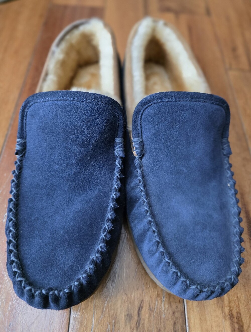 L.L.Bean Men's 11 Wicked Good Venetian Slippers Navy Suede Shearling House Shoes